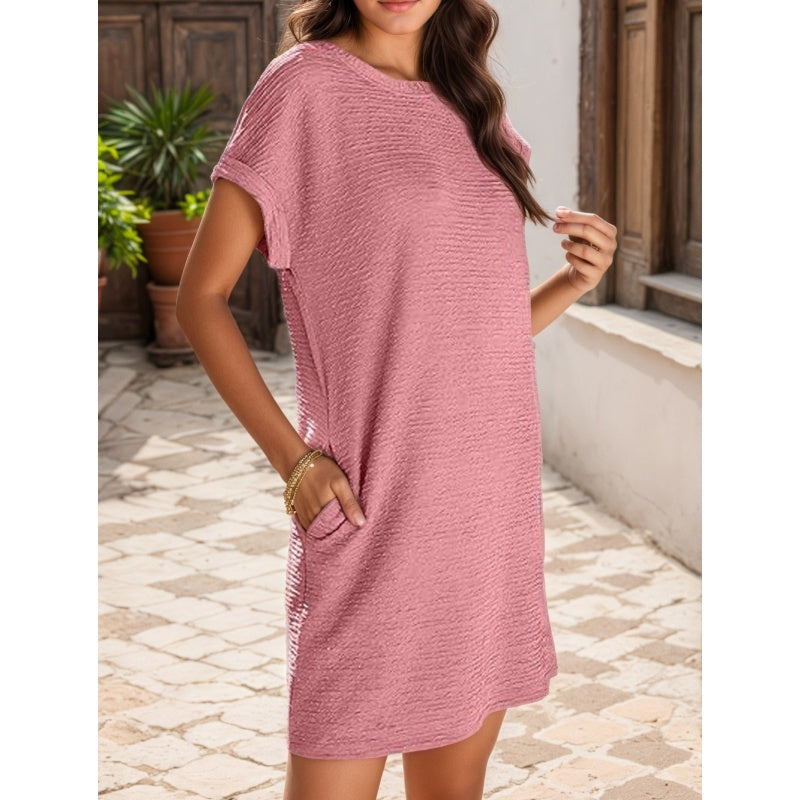Women's Loose Roll Sleeve Pocket Solid Color Dresses